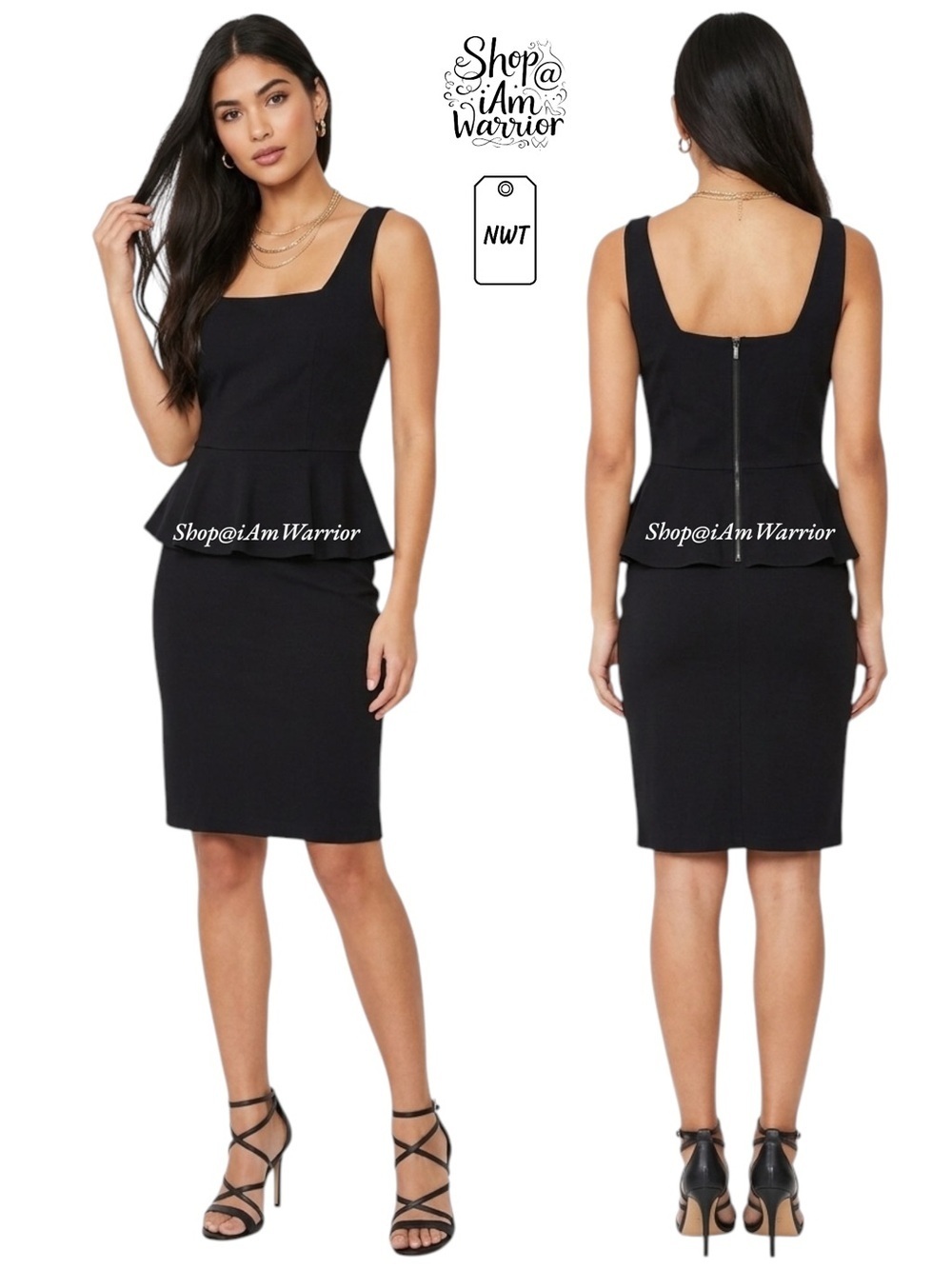 Carmen Marc Valvo NWT Black Peplum Square Neck Sleeveless Dress shop@iAmWarrior